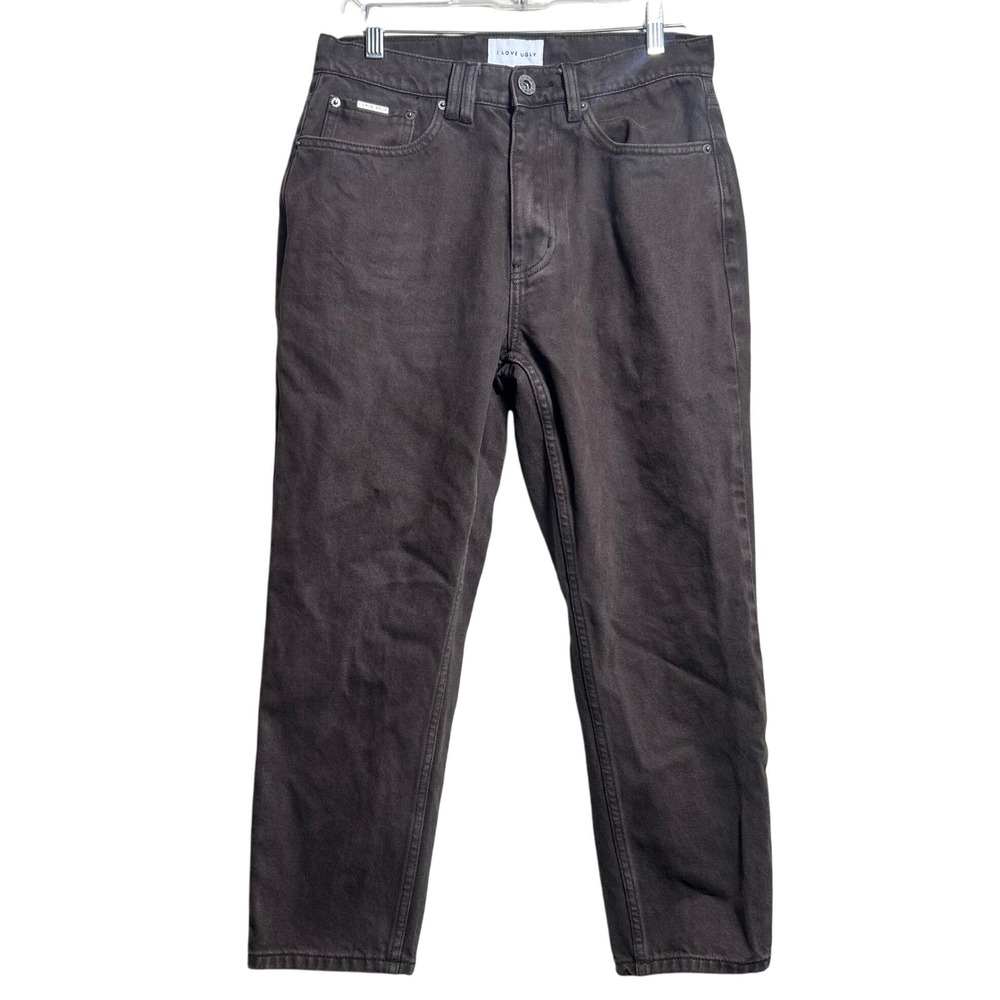 I Love Ugly Mens Tapered Denim Jeans Dark Brown Size Small Cotton Streetwear